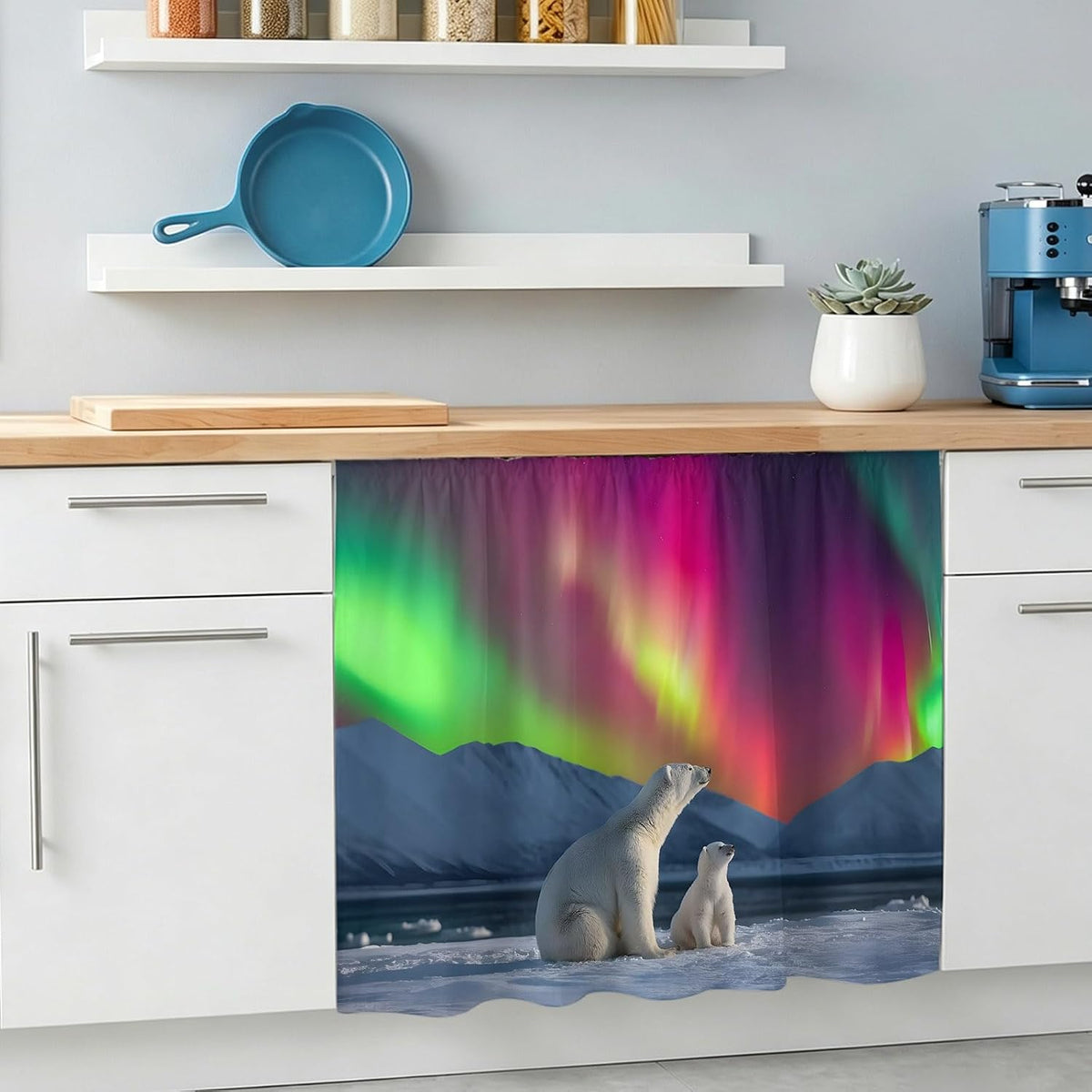 Bear Small Sink Skirt, Bathroom Vanity Cabinet Adhesive Curtain, Nature Pink Yellow Lights Night Sky Snowy Animals Utility Under Sink Cover Decorative Kitchen Cabinet Curtains 10"x11"