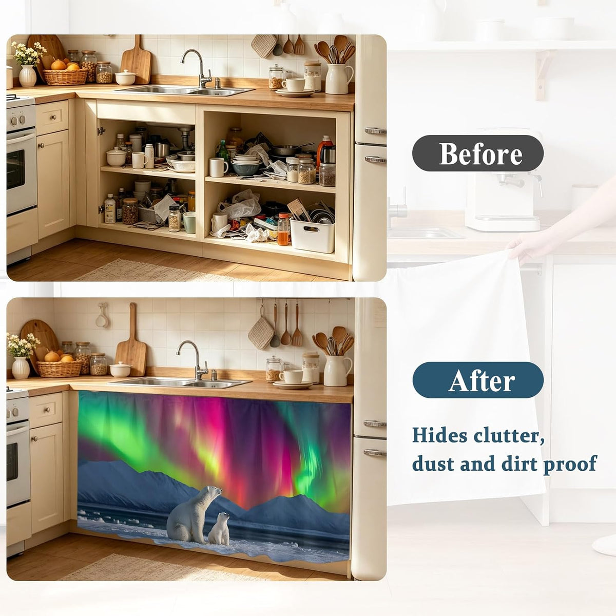 Bear Small Sink Skirt, Bathroom Vanity Cabinet Adhesive Curtain, Nature Pink Yellow Lights Night Sky Snowy Animals Utility Under Sink Cover Decorative Kitchen Cabinet Curtains 10"x11"