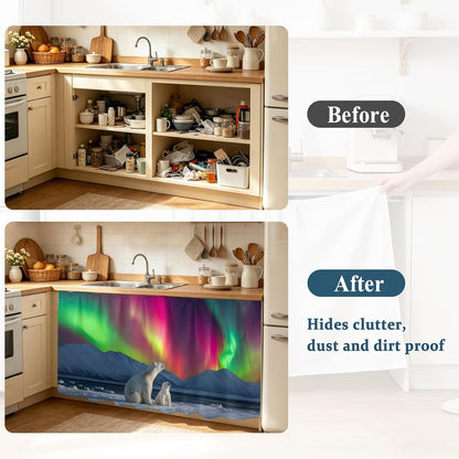 Bear Small Sink Skirt, Bathroom Vanity Cabinet Adhesive Curtain, Nature Pink Yellow Lights Night Sky Snowy Animals Utility Under Sink Cover Decorative Kitchen Cabinet Curtains 10"x11"