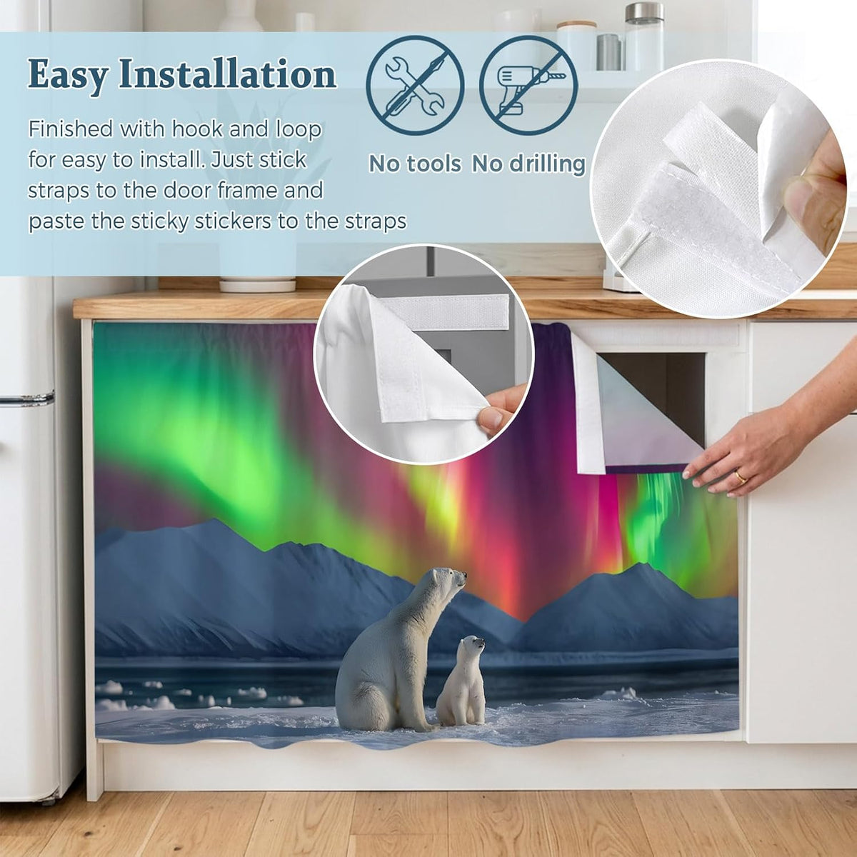 Bear Small Sink Skirt, Bathroom Vanity Cabinet Adhesive Curtain, Nature Pink Yellow Lights Night Sky Snowy Animals Utility Under Sink Cover Decorative Kitchen Cabinet Curtains 10"x11"