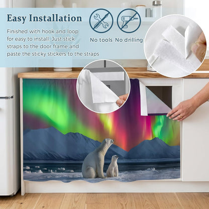 Bear Small Sink Skirt, Bathroom Vanity Cabinet Adhesive Curtain, Nature Pink Yellow Lights Night Sky Snowy Animals Utility Under Sink Cover Decorative Kitchen Cabinet Curtains 10"x11"