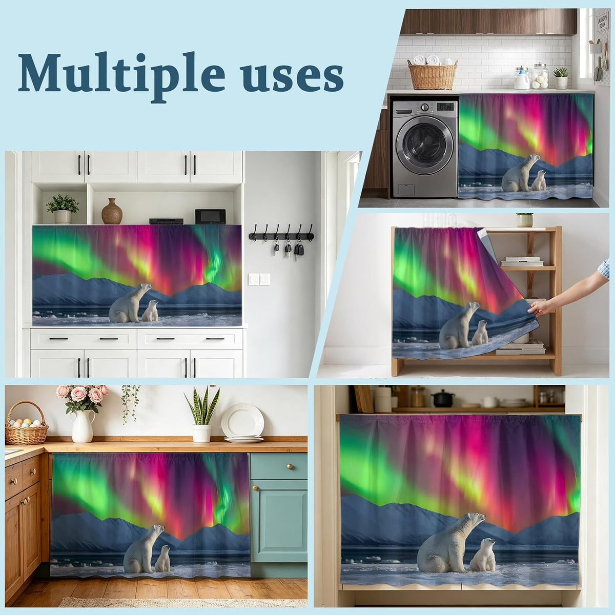 Bear Small Sink Skirt, Bathroom Vanity Cabinet Adhesive Curtain, Nature Pink Yellow Lights Night Sky Snowy Animals Utility Under Sink Cover Decorative Kitchen Cabinet Curtains 10"x11"