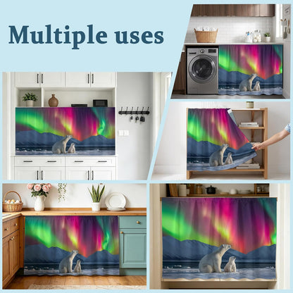 Bear Small Sink Skirt, Bathroom Vanity Cabinet Adhesive Curtain, Nature Pink Yellow Lights Night Sky Snowy Animals Utility Under Sink Cover Decorative Kitchen Cabinet Curtains 10"x11"