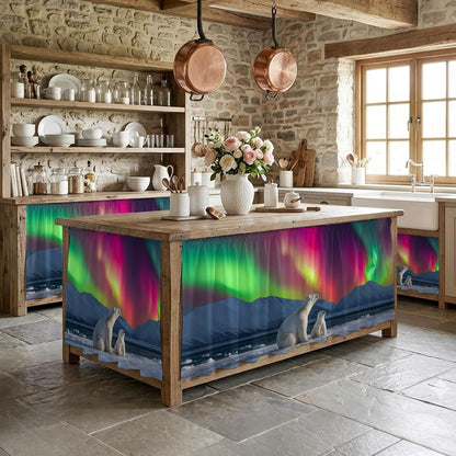 Bear Small Sink Skirt, Bathroom Vanity Cabinet Adhesive Curtain, Nature Pink Yellow Lights Night Sky Snowy Animals Utility Under Sink Cover Decorative Kitchen Cabinet Curtains 10"x11"