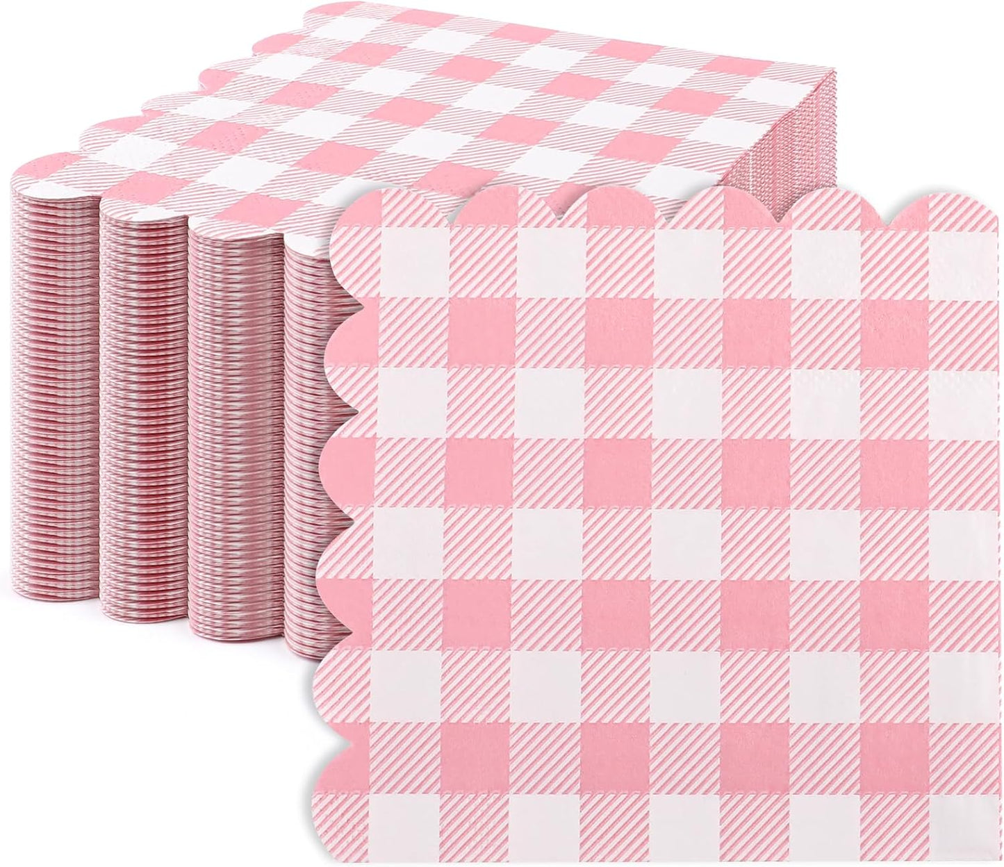 100Pcs Pink Gingham Napkins, 3 Ply Pink Checkered Cocktail Napkins Disposable Plaid Paper Napkins for Wedding Birthday Baby Shower Easter Party, 5 x 5 Inches