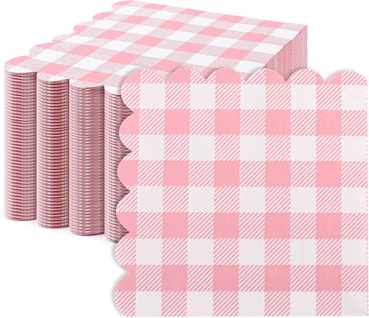 100Pcs Pink Gingham Napkins, 3 Ply Pink Checkered Cocktail Napkins Disposable Plaid Paper Napkins for Wedding Birthday Baby Shower Easter Party, 5 x 5 Inches