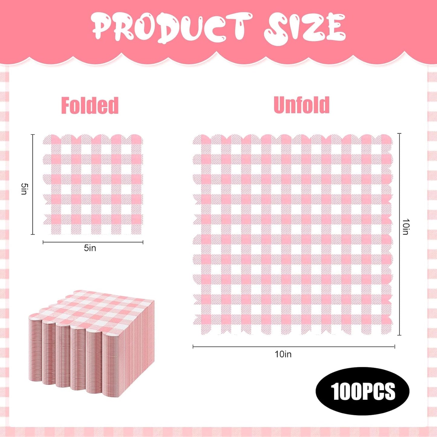 100Pcs Pink Gingham Napkins, 3 Ply Pink Checkered Cocktail Napkins Disposable Plaid Paper Napkins for Wedding Birthday Baby Shower Easter Party, 5 x 5 Inches