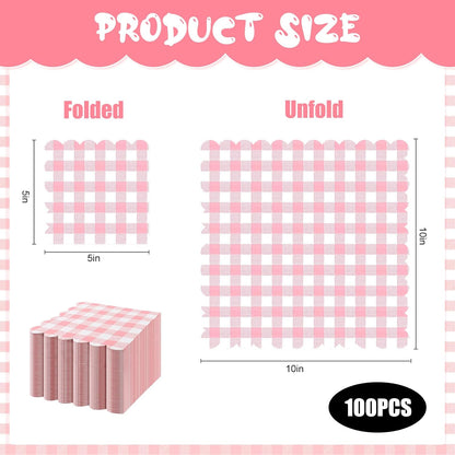 100Pcs Pink Gingham Napkins, 3 Ply Pink Checkered Cocktail Napkins Disposable Plaid Paper Napkins for Wedding Birthday Baby Shower Easter Party, 5 x 5 Inches