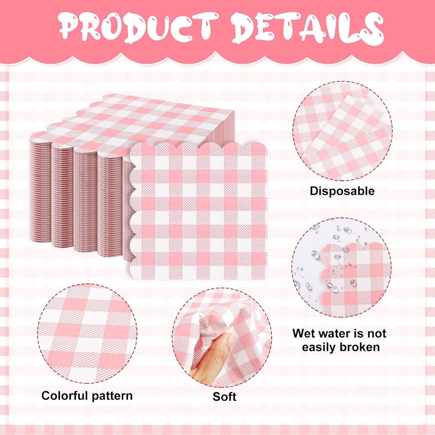 100Pcs Pink Gingham Napkins, 3 Ply Pink Checkered Cocktail Napkins Disposable Plaid Paper Napkins for Wedding Birthday Baby Shower Easter Party, 5 x 5 Inches