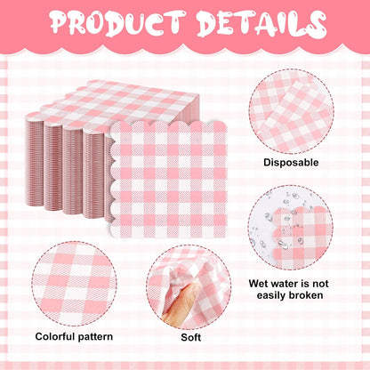 100Pcs Pink Gingham Napkins, 3 Ply Pink Checkered Cocktail Napkins Disposable Plaid Paper Napkins for Wedding Birthday Baby Shower Easter Party, 5 x 5 Inches