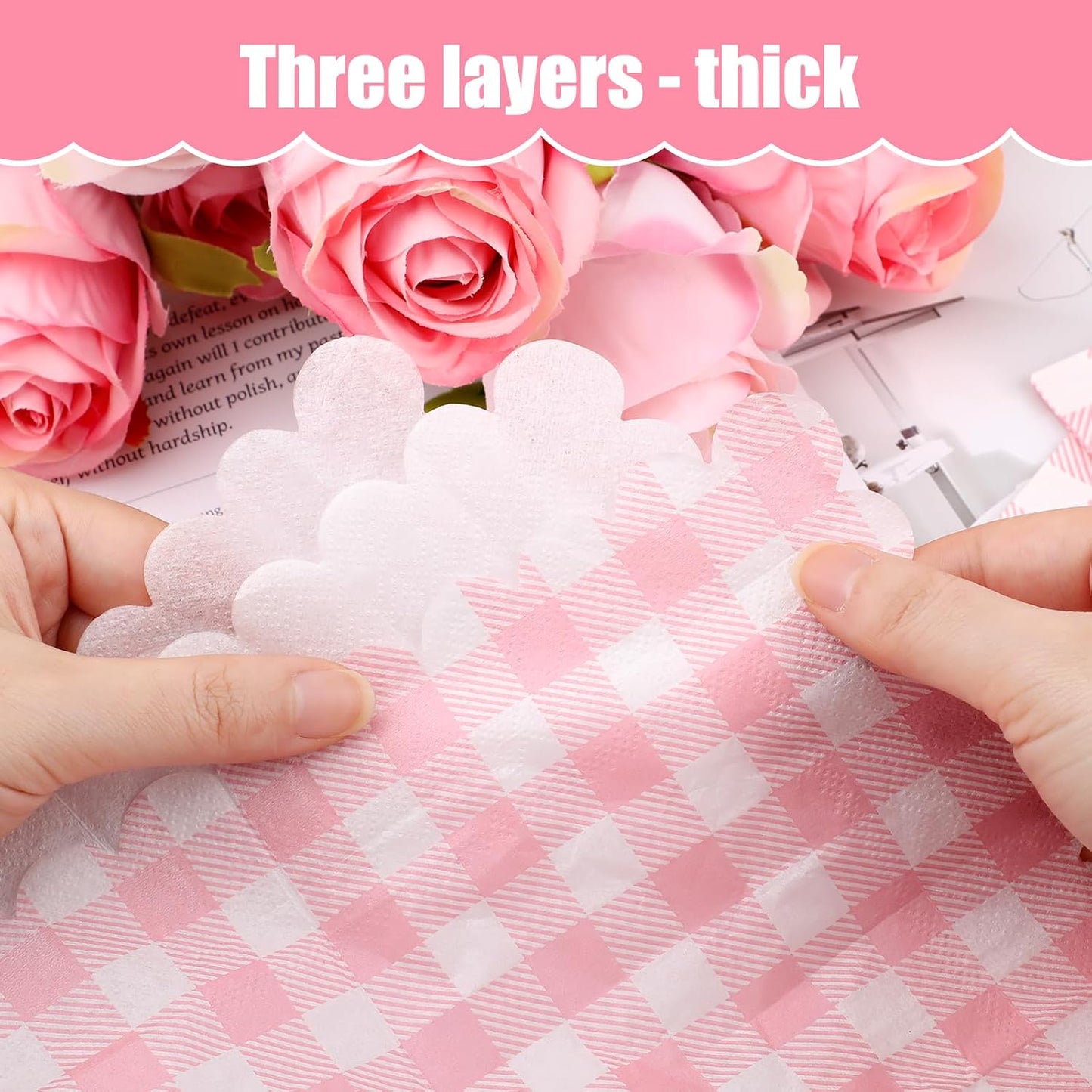 100Pcs Pink Gingham Napkins, 3 Ply Pink Checkered Cocktail Napkins Disposable Plaid Paper Napkins for Wedding Birthday Baby Shower Easter Party, 5 x 5 Inches