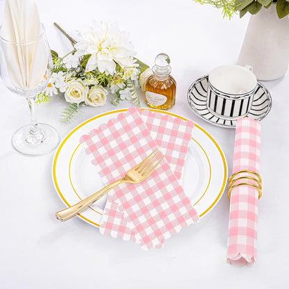 100Pcs Pink Gingham Napkins, 3 Ply Pink Checkered Cocktail Napkins Disposable Plaid Paper Napkins for Wedding Birthday Baby Shower Easter Party, 5 x 5 Inches