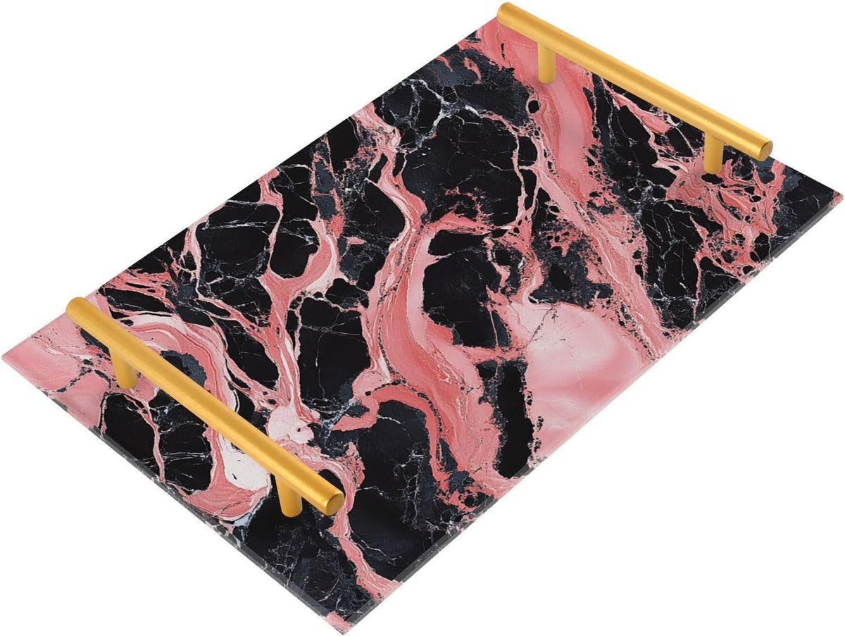 Peach and Black Marble Texture Decorative Dinner Tray with Handles Trays for Eating On for Jewelry Perfume for Party Serving bandeja para Cafe Set