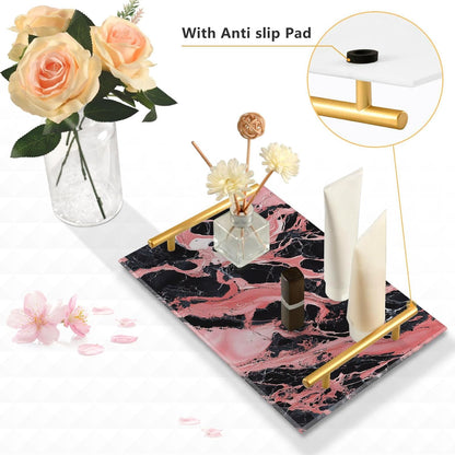 Peach and Black Marble Texture Decorative Dinner Tray with Handles Trays for Eating On for Jewelry Perfume for Party Serving bandeja para Cafe Set