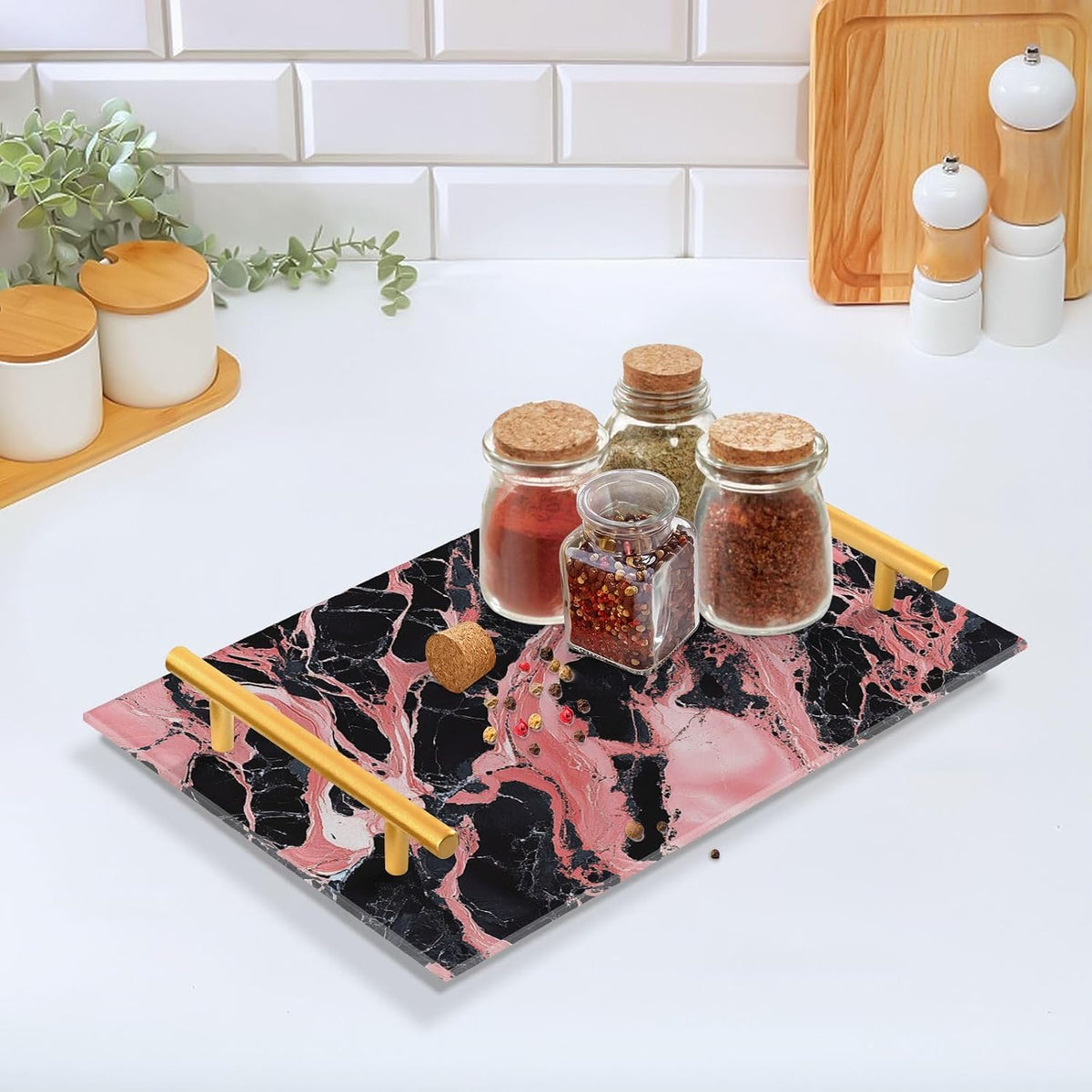 Peach and Black Marble Texture Decorative Dinner Tray with Handles Trays for Eating On for Jewelry Perfume for Party Serving bandeja para Cafe Set