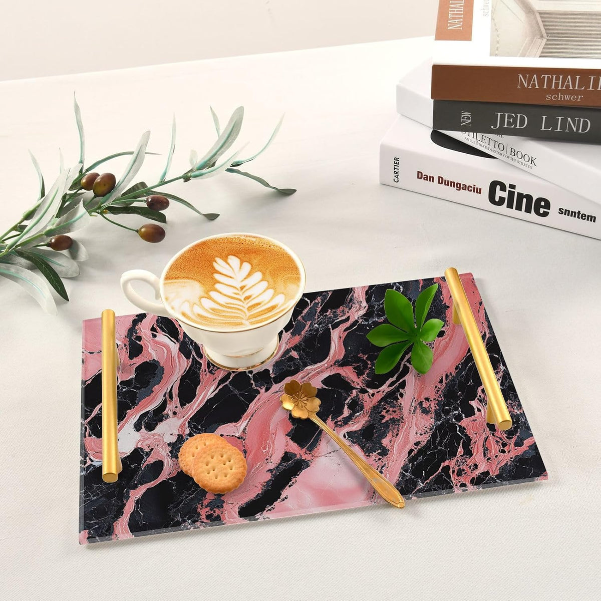 Peach and Black Marble Texture Decorative Dinner Tray with Handles Trays for Eating On for Jewelry Perfume for Party Serving bandeja para Cafe Set