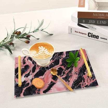 Peach and Black Marble Texture Decorative Dinner Tray with Handles Trays for Eating On for Jewelry Perfume for Party Serving bandeja para Cafe Set