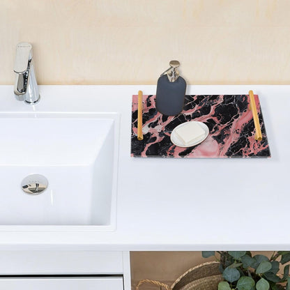 Peach and Black Marble Texture Decorative Dinner Tray with Handles Trays for Eating On for Jewelry Perfume for Party Serving bandeja para Cafe Set