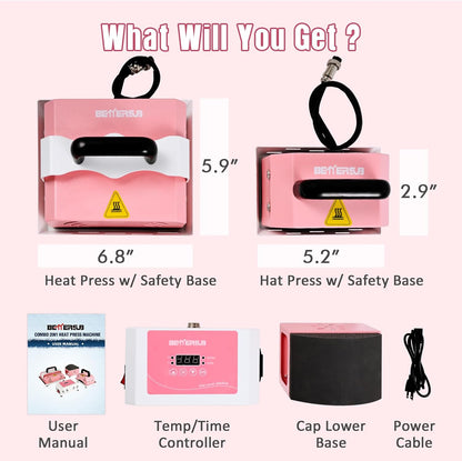 2in1 Combo Mini Portable Hat Press Heat Press Machine (Pink)