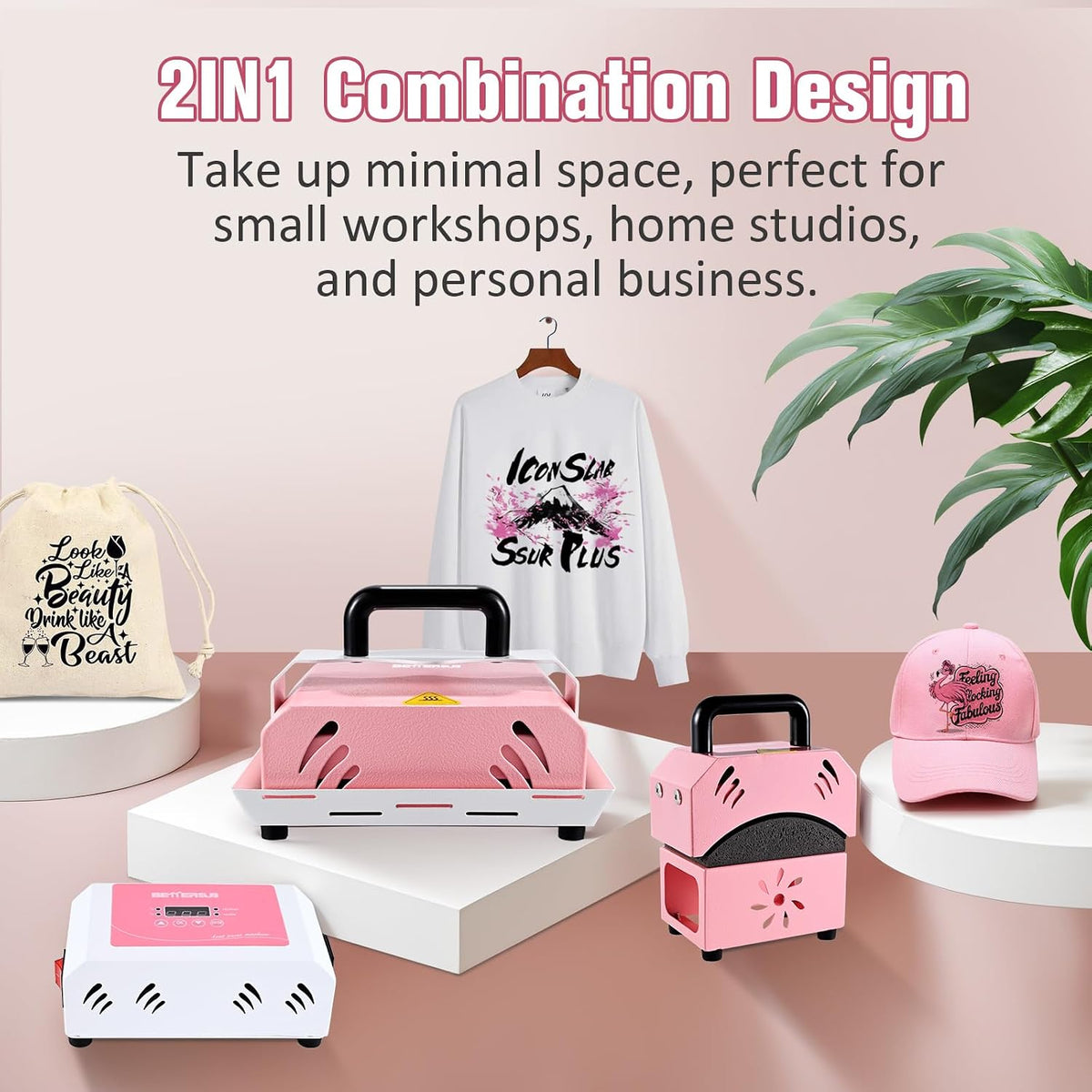 2in1 Combo Mini Portable Hat Press Heat Press Machine (Pink)