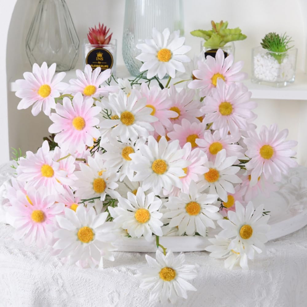 Artificial Flowers 10 Bundles Artificial Silk Daisy Fake Flowers UV Resistant Outdoor Fake Wildflowers with Stems Greenery Shrubs Plants Arrangements for Home Garden for Decoration (White and Pink)