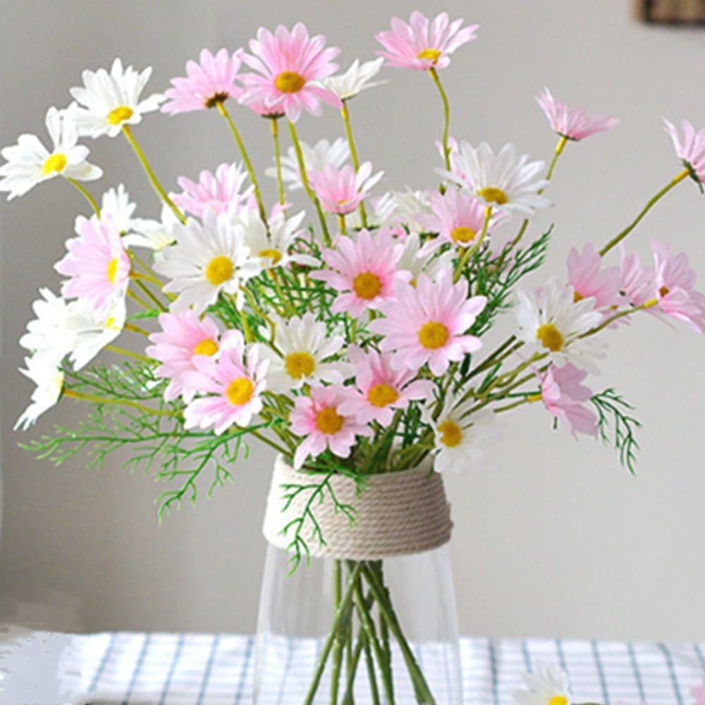 Artificial Flowers 10 Bundles Artificial Silk Daisy Fake Flowers UV Resistant Outdoor Fake Wildflowers with Stems Greenery Shrubs Plants Arrangements for Home Garden for Decoration (White and Pink)