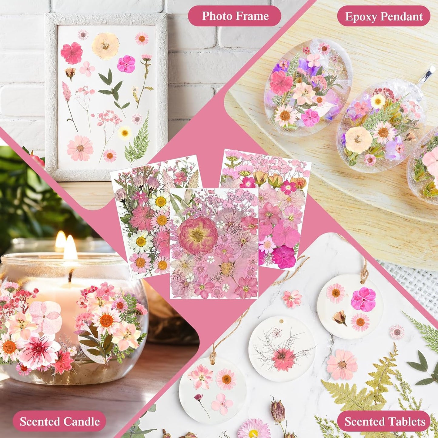 167 Pcs Real Dried Pressed Flowers Natural Dried Flowers Colorful Daisy Mixed Wildflowers Leave for DIY Candle Resin Nails Jewelry Pendant Crafts Floral Art(Pink,Candy Style)