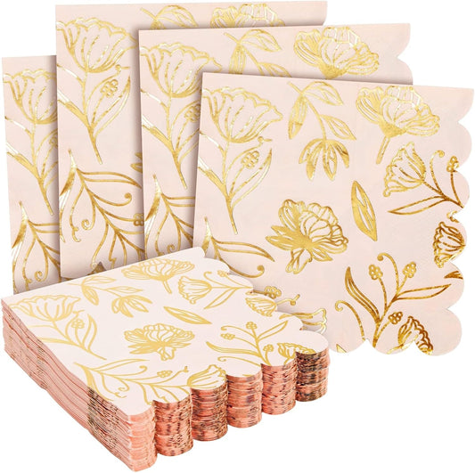 Bridal Shower Napkins - 50-Pack Pink 3-Ply Paper, 5 x 5 In - Scalloped Disposable Cocktail Napkins with Gold Foil & Floral Design