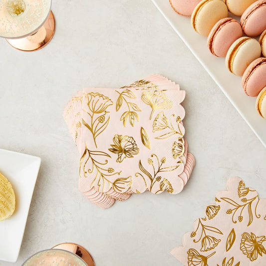 Bridal Shower Napkins - 50-Pack Pink 3-Ply Paper, 5 x 5 In - Scalloped Disposable Cocktail Napkins with Gold Foil & Floral Design