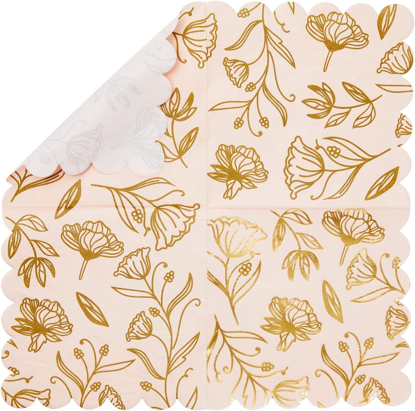 Bridal Shower Napkins - 50-Pack Pink 3-Ply Paper, 5 x 5 In - Scalloped Disposable Cocktail Napkins with Gold Foil & Floral Design
