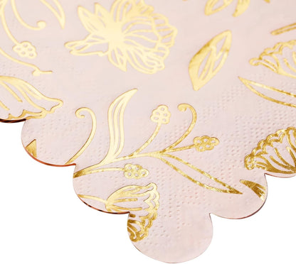 Bridal Shower Napkins - 50-Pack Pink 3-Ply Paper, 5 x 5 In - Scalloped Disposable Cocktail Napkins with Gold Foil & Floral Design