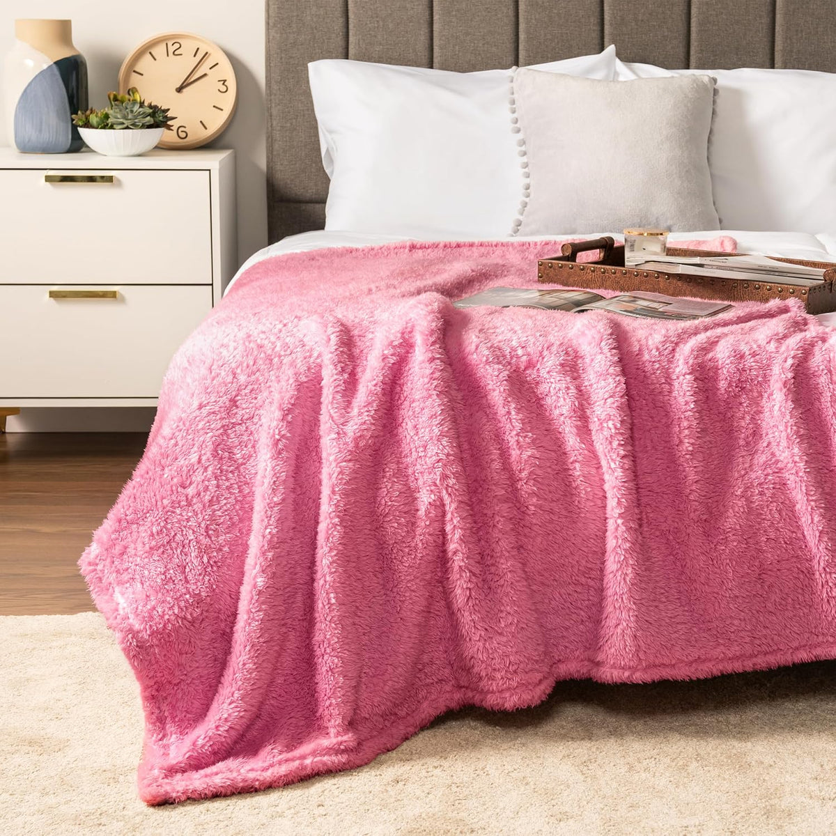 Sherpa Throw Blanket for Couch Sofa Bed, Bright Hot Pink 50x60