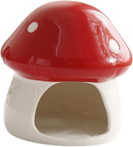 Ceramic Hamster House Hideaway House Outdoor Cute Mushroom Shaped Cave Guinea Pig Hideout for Small Pets Chipmunk Gerbils, Red