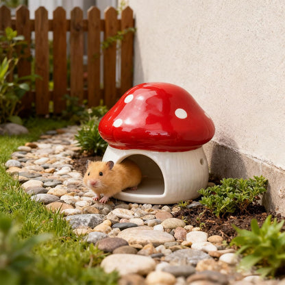 Ceramic Hamster House Hideaway House Outdoor Cute Mushroom Shaped Cave Guinea Pig Hideout for Small Pets Chipmunk Gerbils, Red