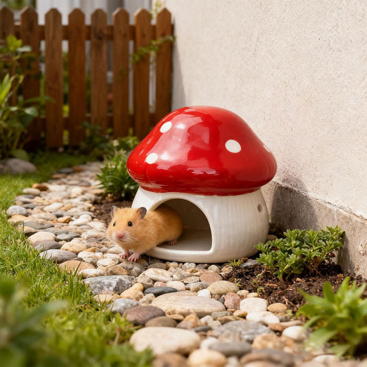 Ceramic Hamster House Hideaway House Outdoor Cute Mushroom Shaped Cave Guinea Pig Hideout for Small Pets Chipmunk Gerbils, Red