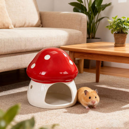 Ceramic Hamster House Hideaway House Outdoor Cute Mushroom Shaped Cave Guinea Pig Hideout for Small Pets Chipmunk Gerbils, Red