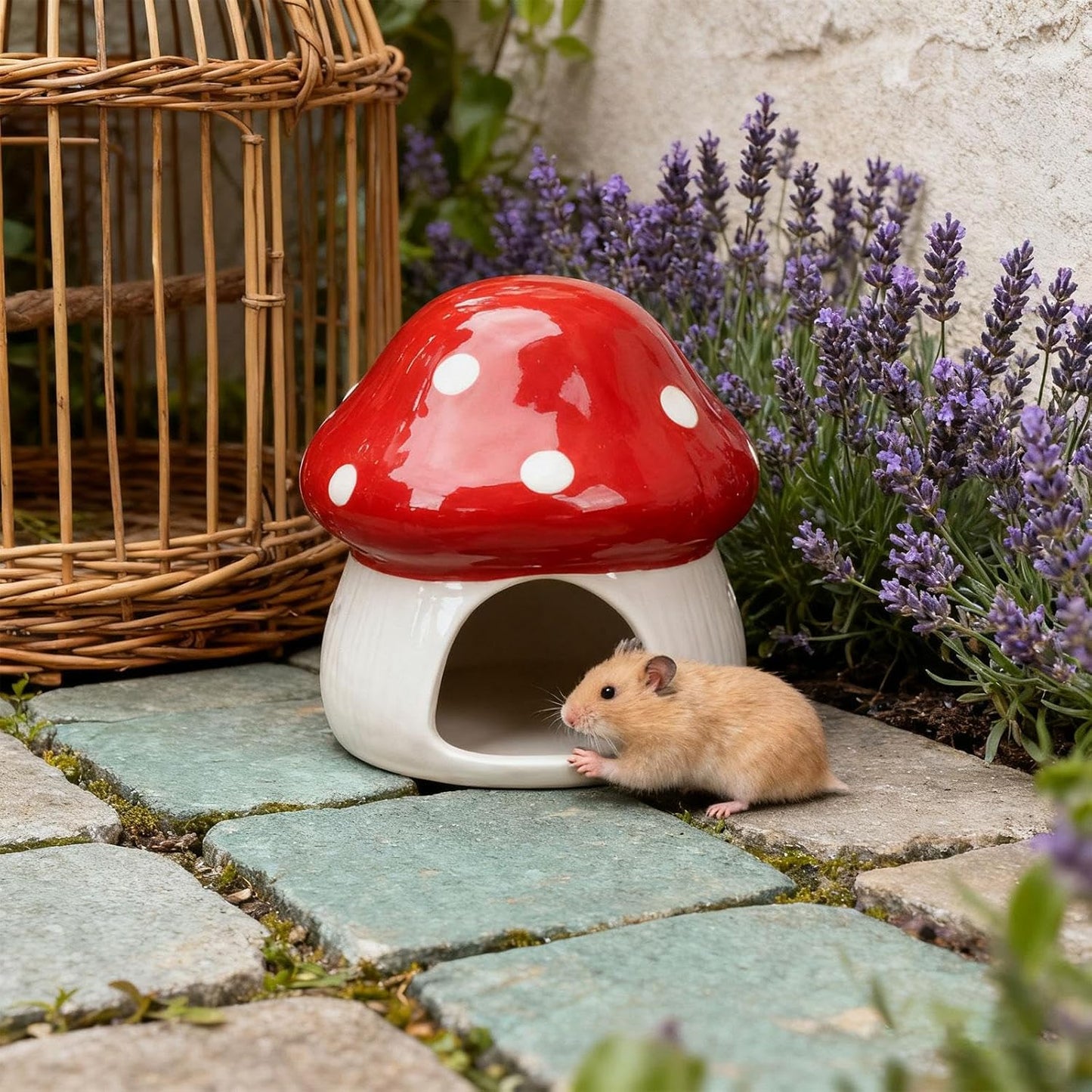 Ceramic Hamster House Hideaway House Outdoor Cute Mushroom Shaped Cave Guinea Pig Hideout for Small Pets Chipmunk Gerbils, Red