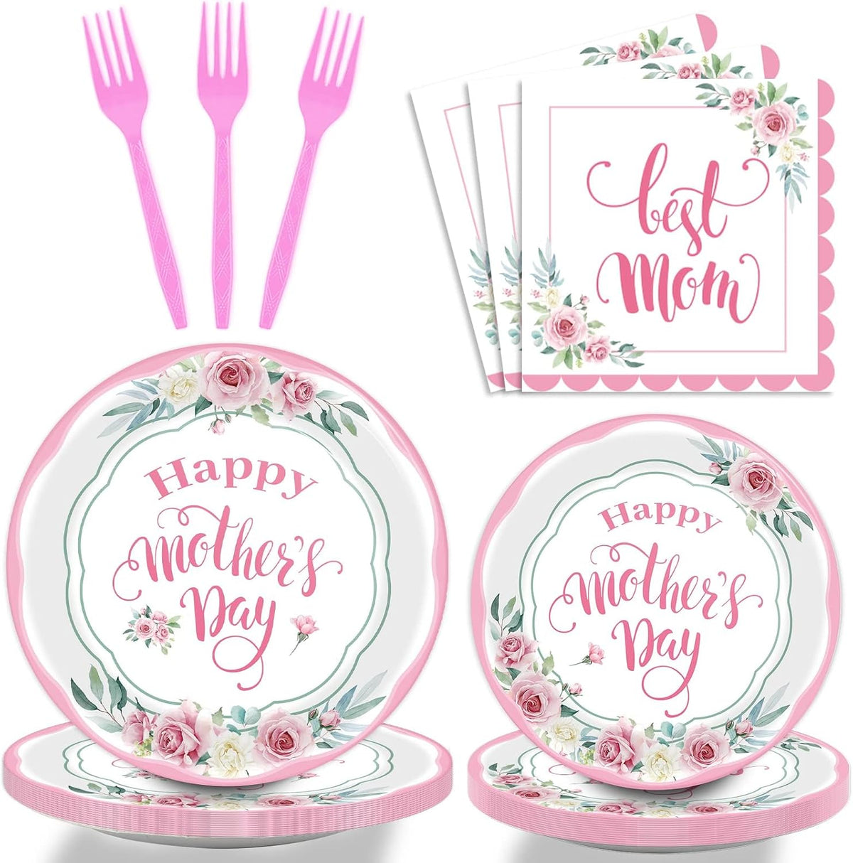 96 Pcs Happy Mother's Day Party Paper Plate and Napkins Set - 24 Guests, Pink, Spring Floral Design, Serves 24, Best Mom Ever Theme