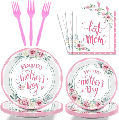 96 Pcs Happy Mother's Day Party Paper Plate and Napkins Set - 24 Guests, Pink, Spring Floral Design, Serves 24, Best Mom Ever Theme
