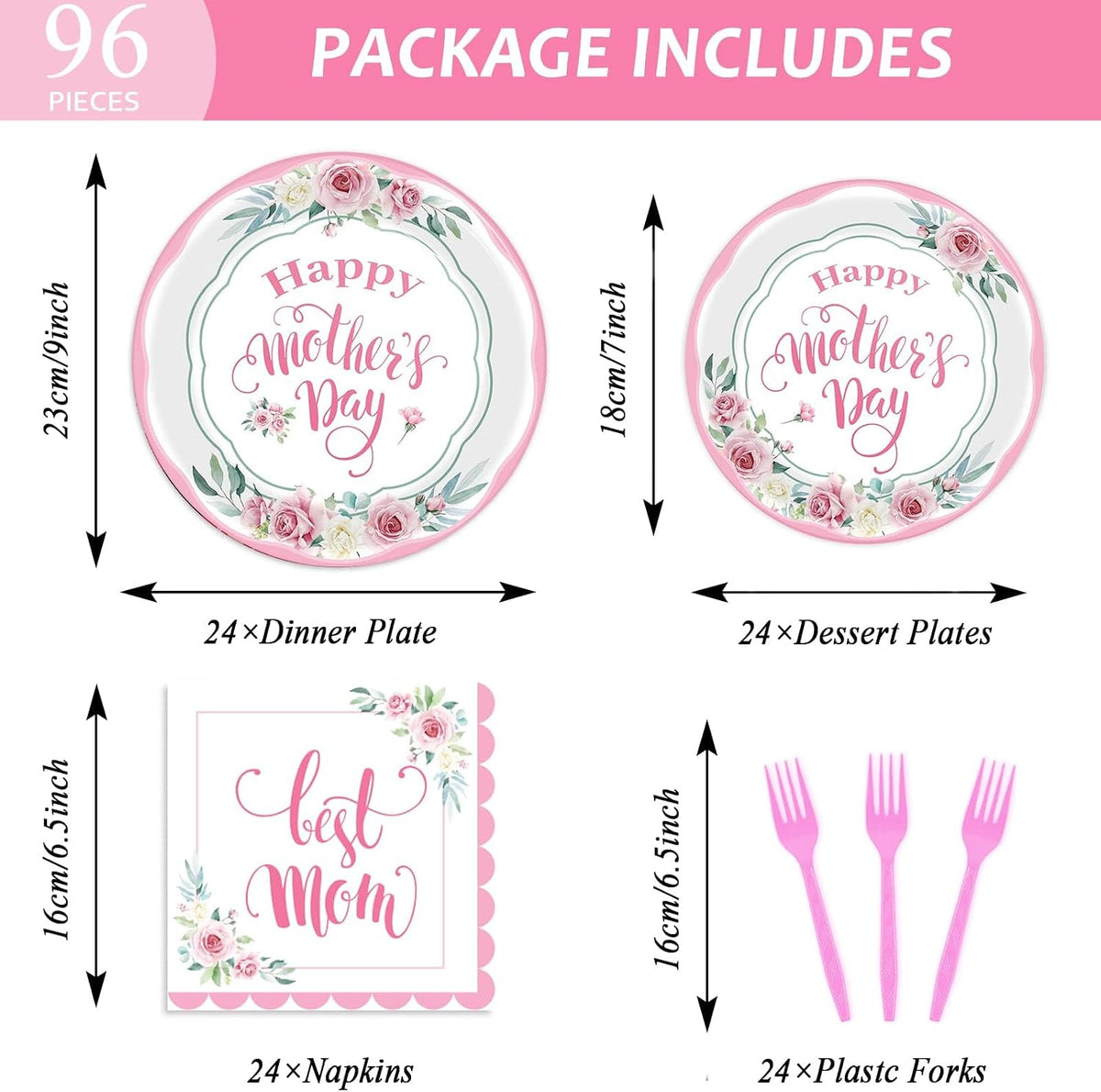 96 Pcs Happy Mother's Day Party Paper Plate and Napkins Set - 24 Guests, Pink, Spring Floral Design, Serves 24, Best Mom Ever Theme