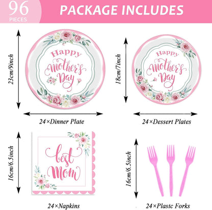 96 Pcs Happy Mother's Day Party Paper Plate and Napkins Set - 24 Guests, Pink, Spring Floral Design, Serves 24, Best Mom Ever Theme