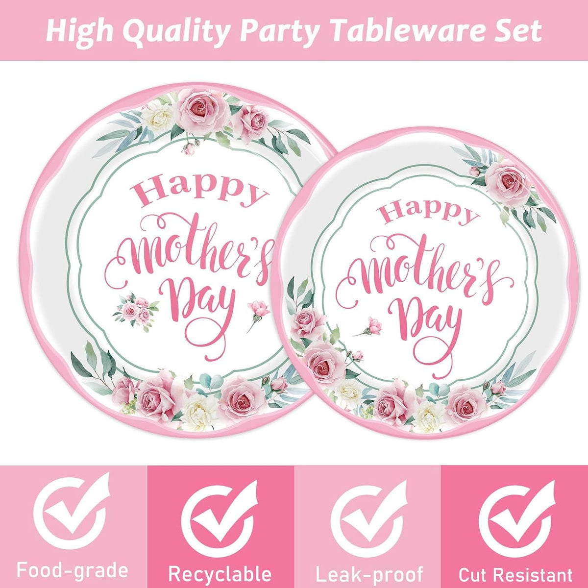 96 Pcs Happy Mother's Day Party Paper Plate and Napkins Set - 24 Guests, Pink, Spring Floral Design, Serves 24, Best Mom Ever Theme