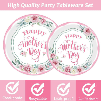 96 Pcs Happy Mother's Day Party Paper Plate and Napkins Set - 24 Guests, Pink, Spring Floral Design, Serves 24, Best Mom Ever Theme
