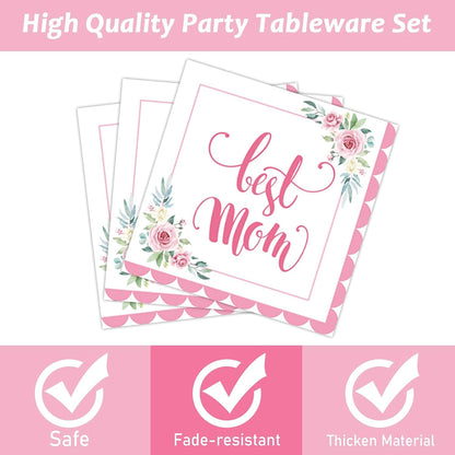 96 Pcs Happy Mother's Day Party Paper Plate and Napkins Set - 24 Guests, Pink, Spring Floral Design, Serves 24, Best Mom Ever Theme