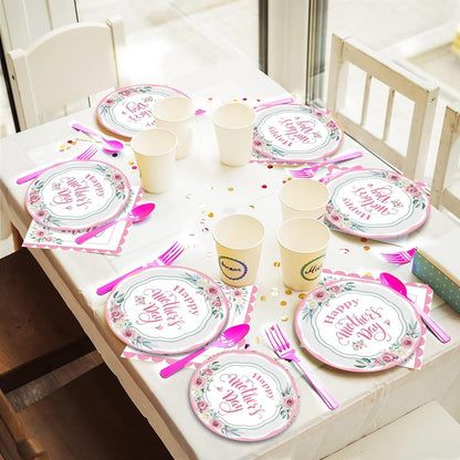 96 Pcs Happy Mother's Day Party Paper Plate and Napkins Set - 24 Guests, Pink, Spring Floral Design, Serves 24, Best Mom Ever Theme