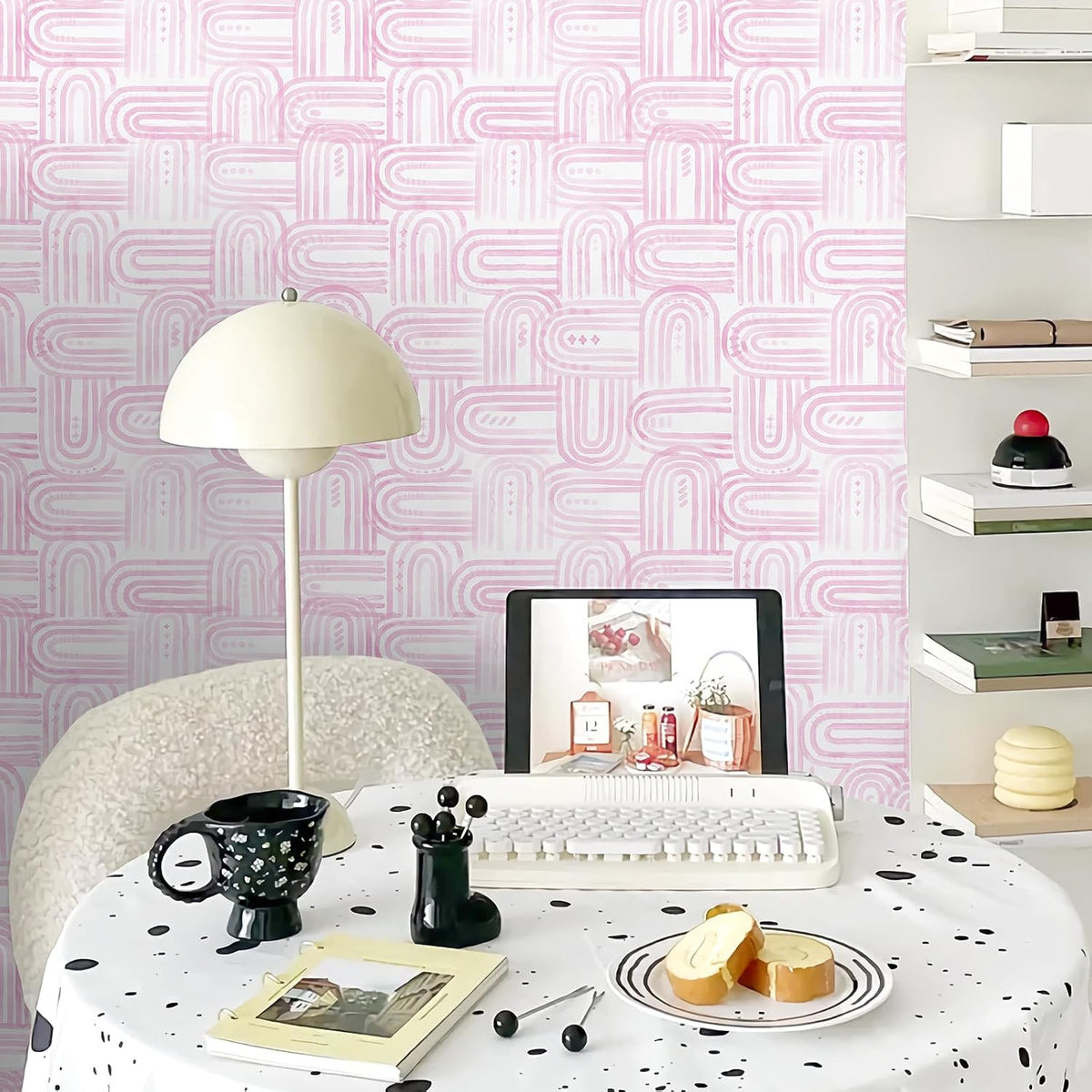 Modern Peel and Stick Wallpaper Boho Pink and White Contact Paper 17.3"x480" Geometric Abstract Wall Paper Removable Self Adhesive Wallpaper for Bedroom Bathroom Cabinet Decor Vinyl