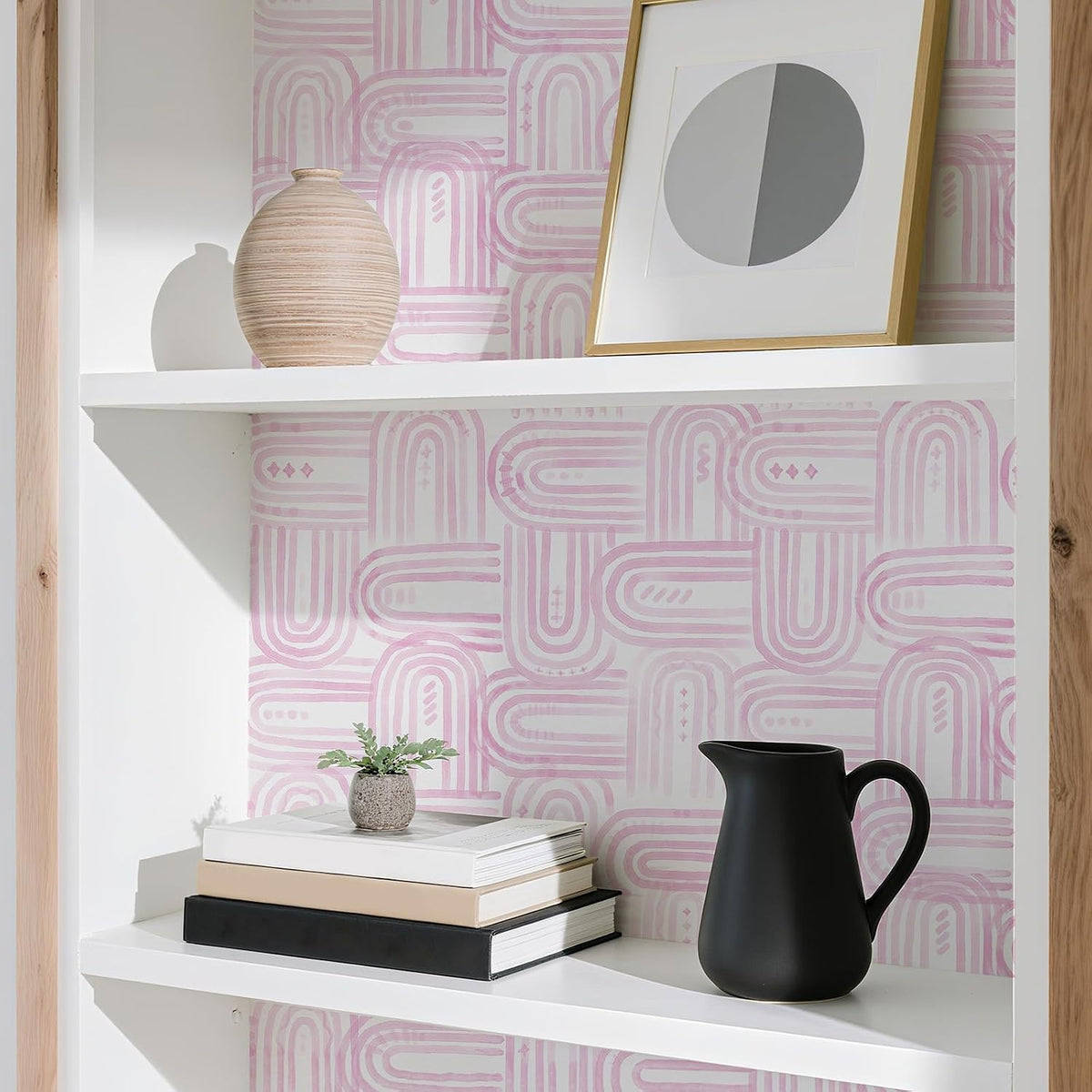 Modern Peel and Stick Wallpaper Boho Pink and White Contact Paper 17.3"x480" Geometric Abstract Wall Paper Removable Self Adhesive Wallpaper for Bedroom Bathroom Cabinet Decor Vinyl