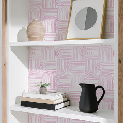 Modern Peel and Stick Wallpaper Boho Pink and White Contact Paper 17.3"x480" Geometric Abstract Wall Paper Removable Self Adhesive Wallpaper for Bedroom Bathroom Cabinet Decor Vinyl