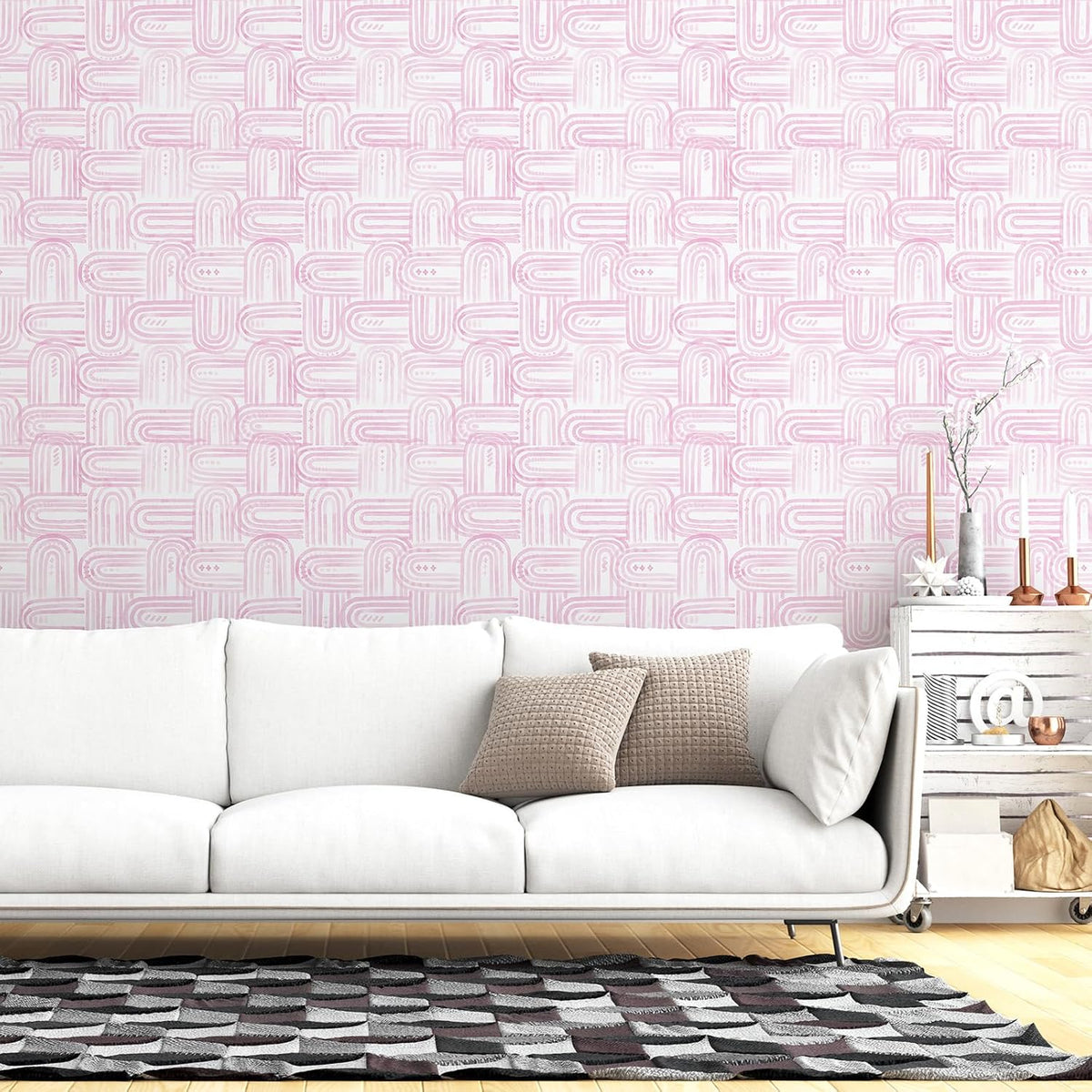Modern Peel and Stick Wallpaper Boho Pink and White Contact Paper 17.3"x480" Geometric Abstract Wall Paper Removable Self Adhesive Wallpaper for Bedroom Bathroom Cabinet Decor Vinyl