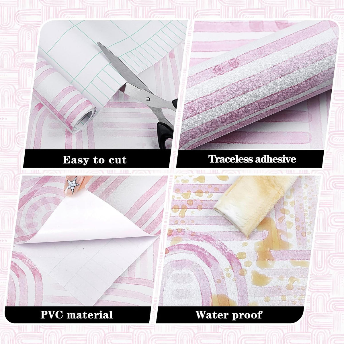 Modern Peel and Stick Wallpaper Boho Pink and White Contact Paper 17.3"x480" Geometric Abstract Wall Paper Removable Self Adhesive Wallpaper for Bedroom Bathroom Cabinet Decor Vinyl